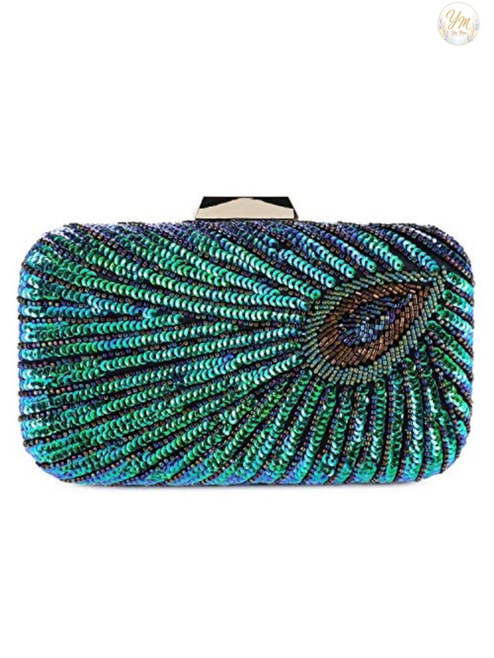Beaded Sequin Peacock Evening Clutch with Gold Chain Vintage Party Purse